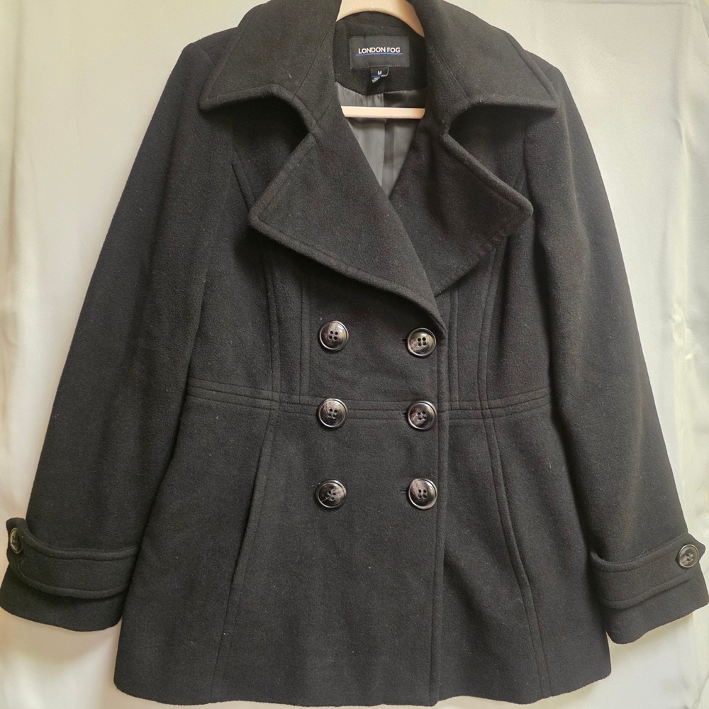 LONDON FOG Women's M Black Wool Pea Coat Double‎ Breasted Classic Winter Jacket
